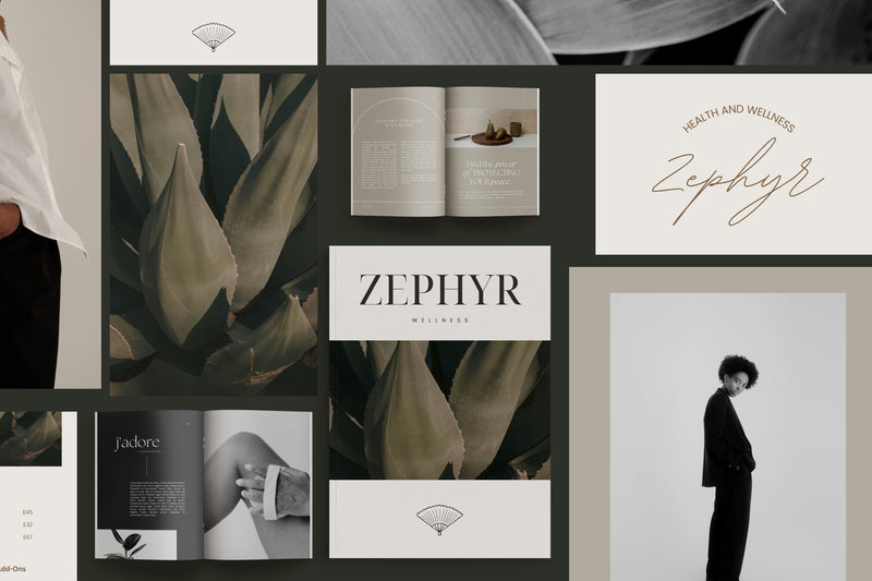 Zephyr Full Branding Suite mood board with branding, stationery and editorial imagery
