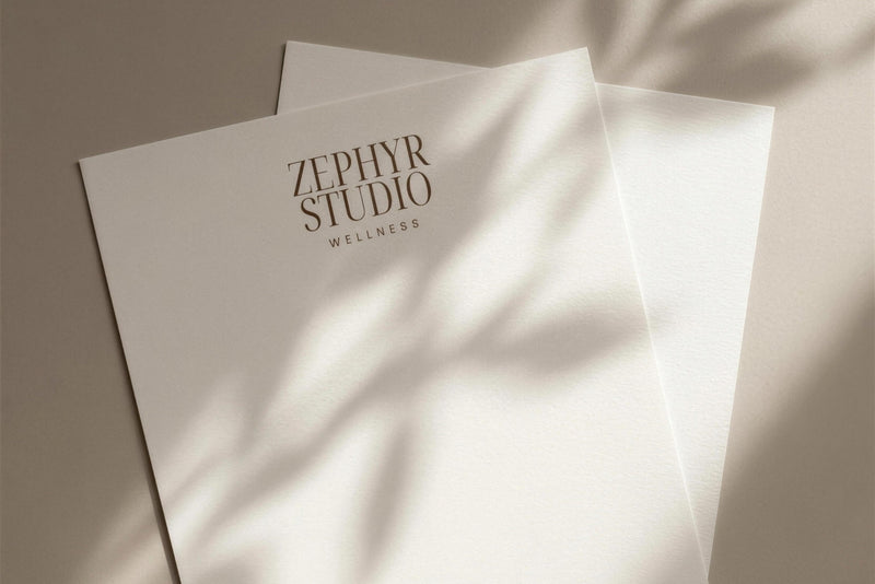 Zephyr letterhead template shown on textured paper with Zephyr Studio branding