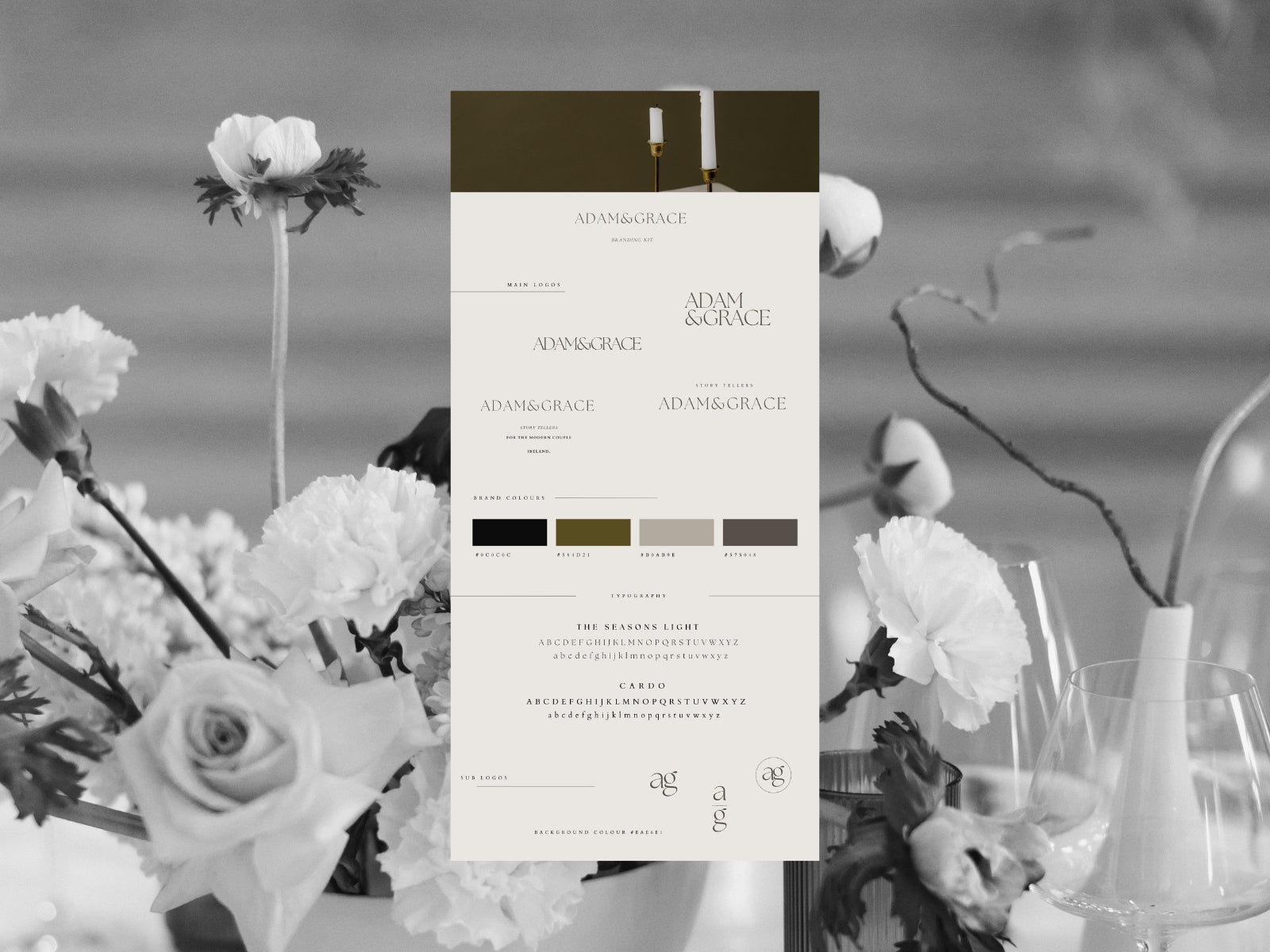 Adam and Grace brand kit board styled with white florals