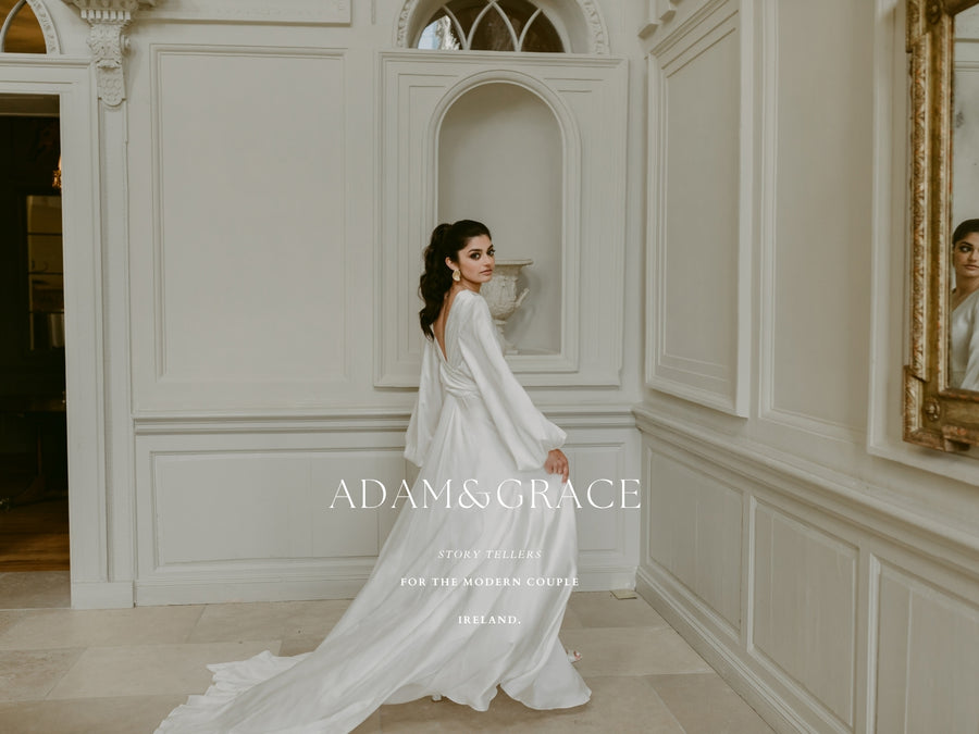 Bride in an elegant interior showing Adam and Grace branding