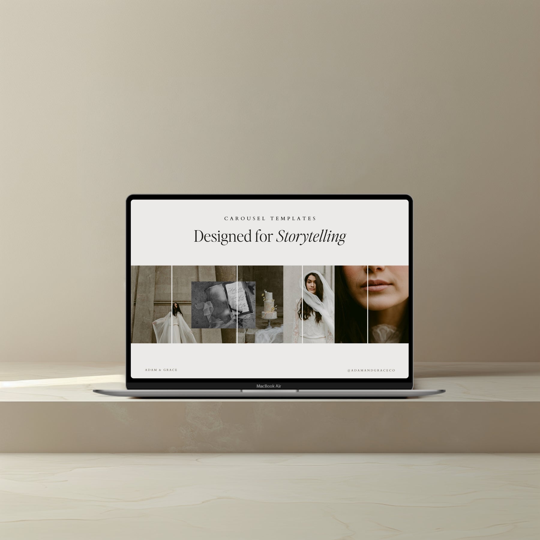 Instagram carousel templates displayed on a laptop, designed for storytelling