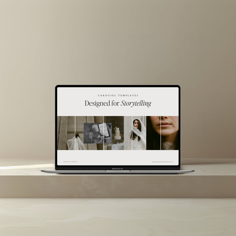 Instagram carousel templates displayed on a laptop, designed for storytelling