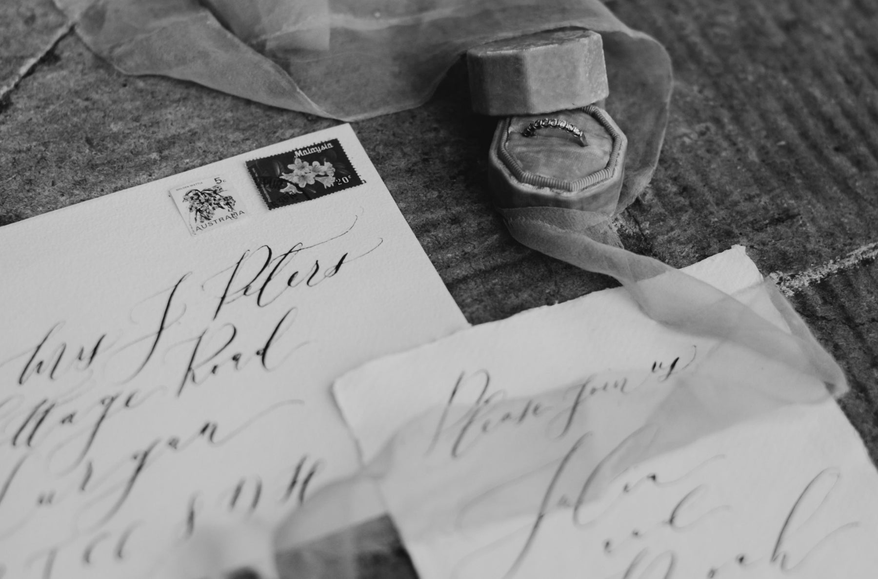 Wedding stationery flatlay in black and white
