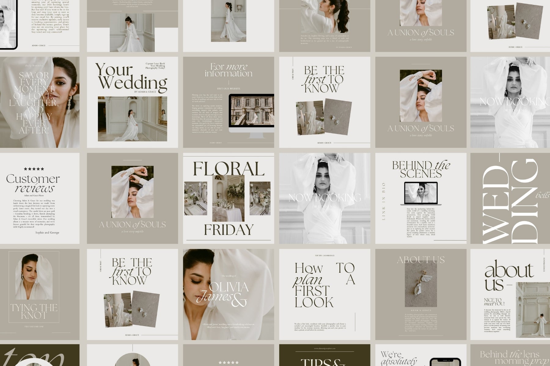 Cohesive Instagram feed mockup with wedding photos
