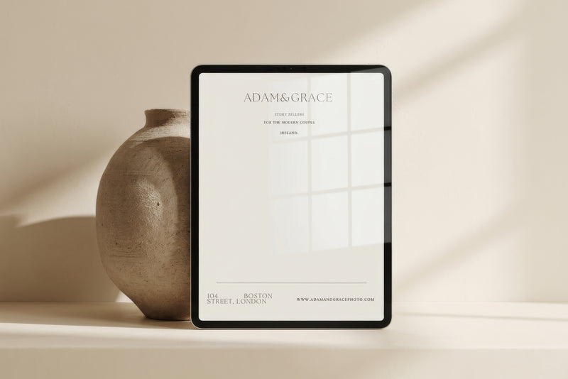 AG Letterhead displayed on a tablet, modern minimal Canva letterhead template