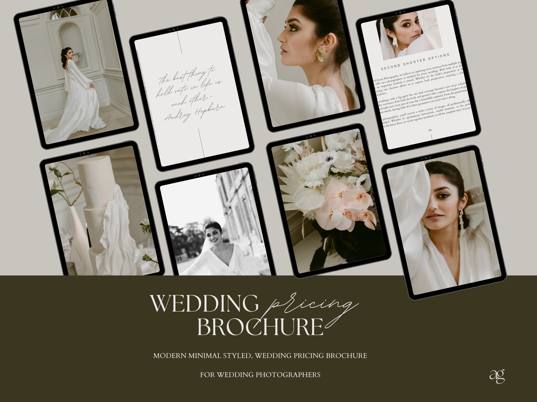Wedding pricing brochure shown across tablet mockups