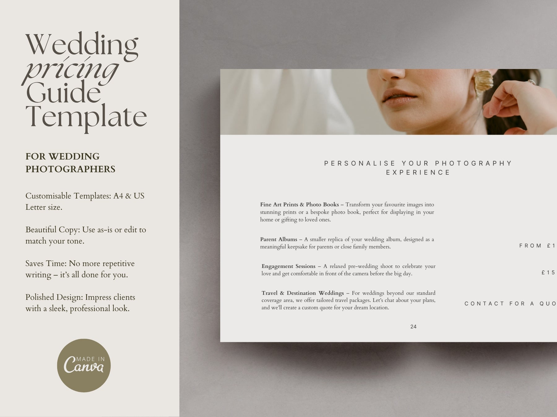 Wedding pricing guide template document mockup