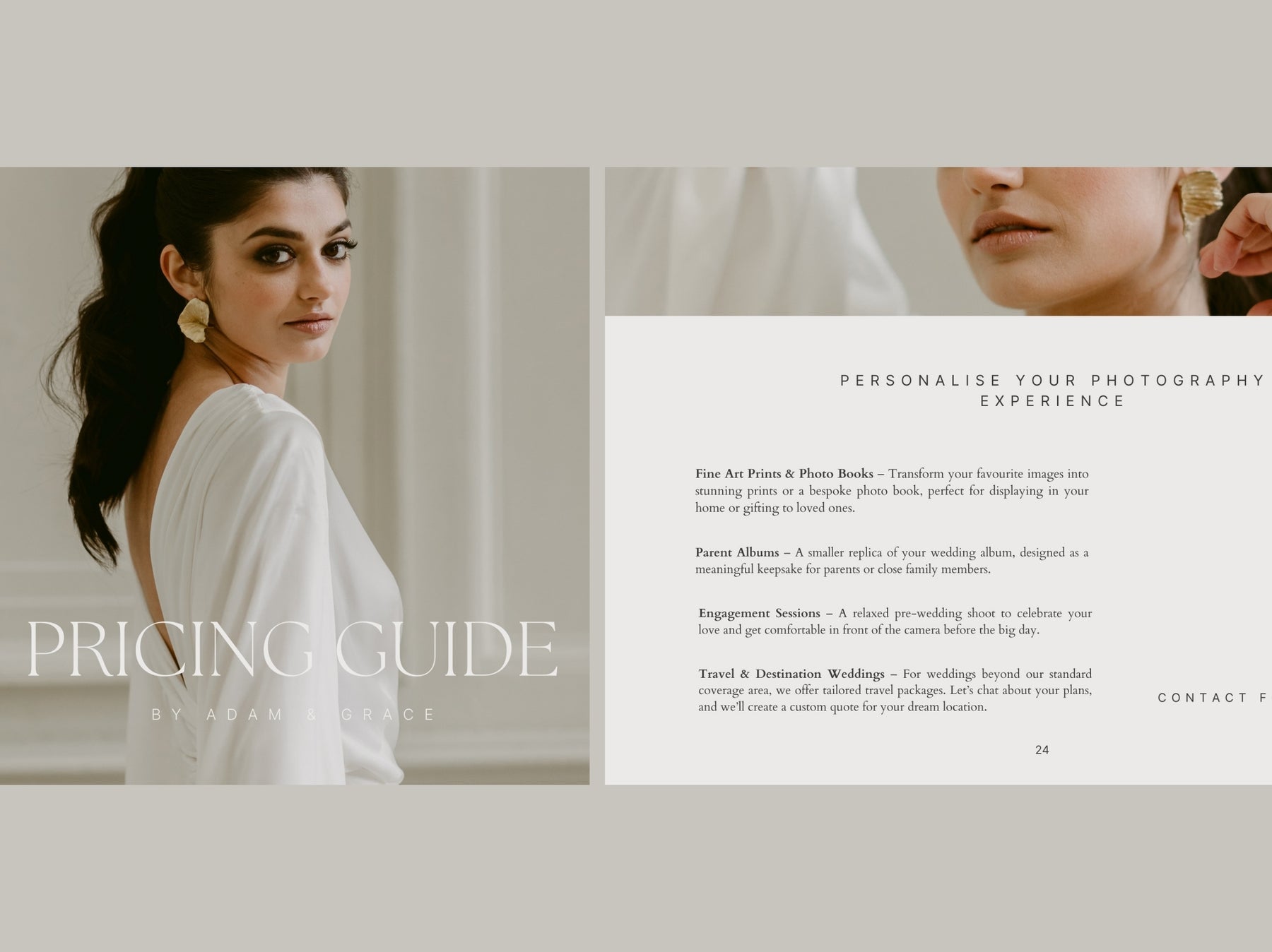 Wedding pricing guide pages with a bride portrait