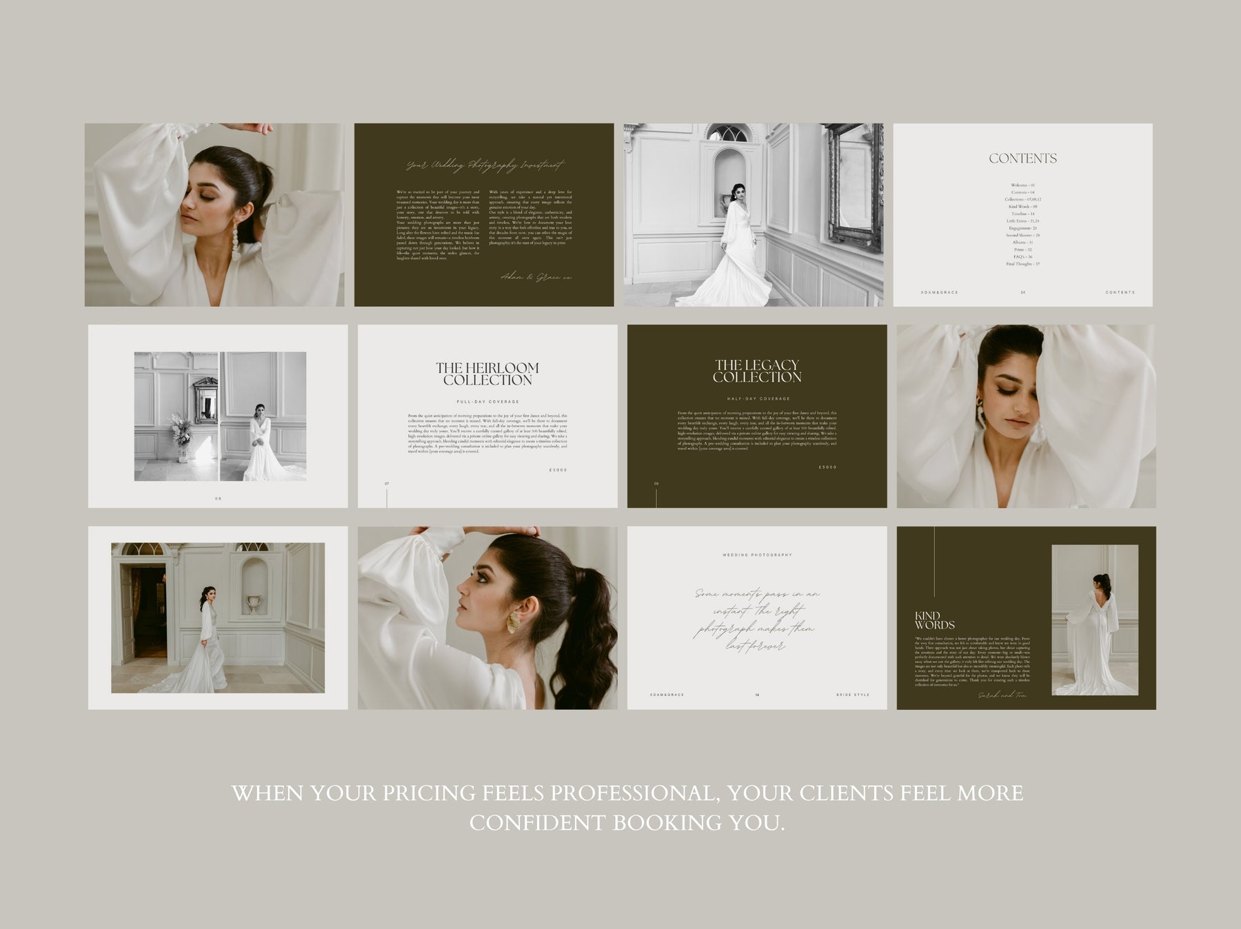 Wedding pricing guide pages and mockups