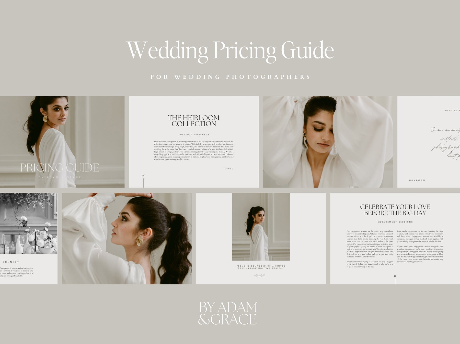 Wedding pricing guide spread, modern minimal layout