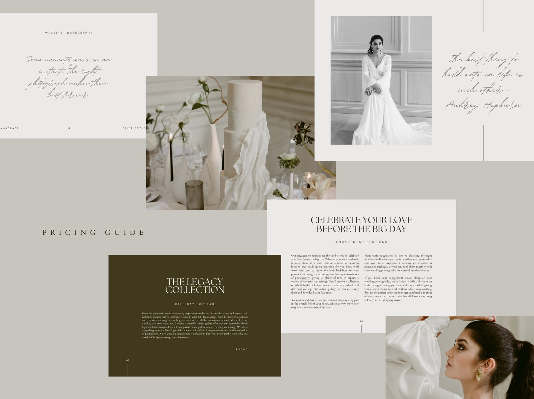 Wedding pricing guide pages styled with a bride photo