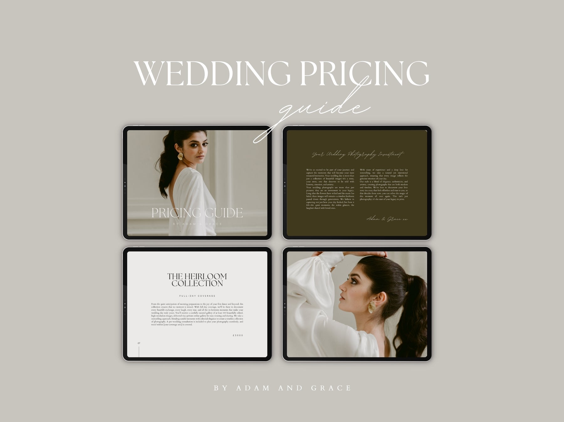 Wedding pricing guide shown on a tablet