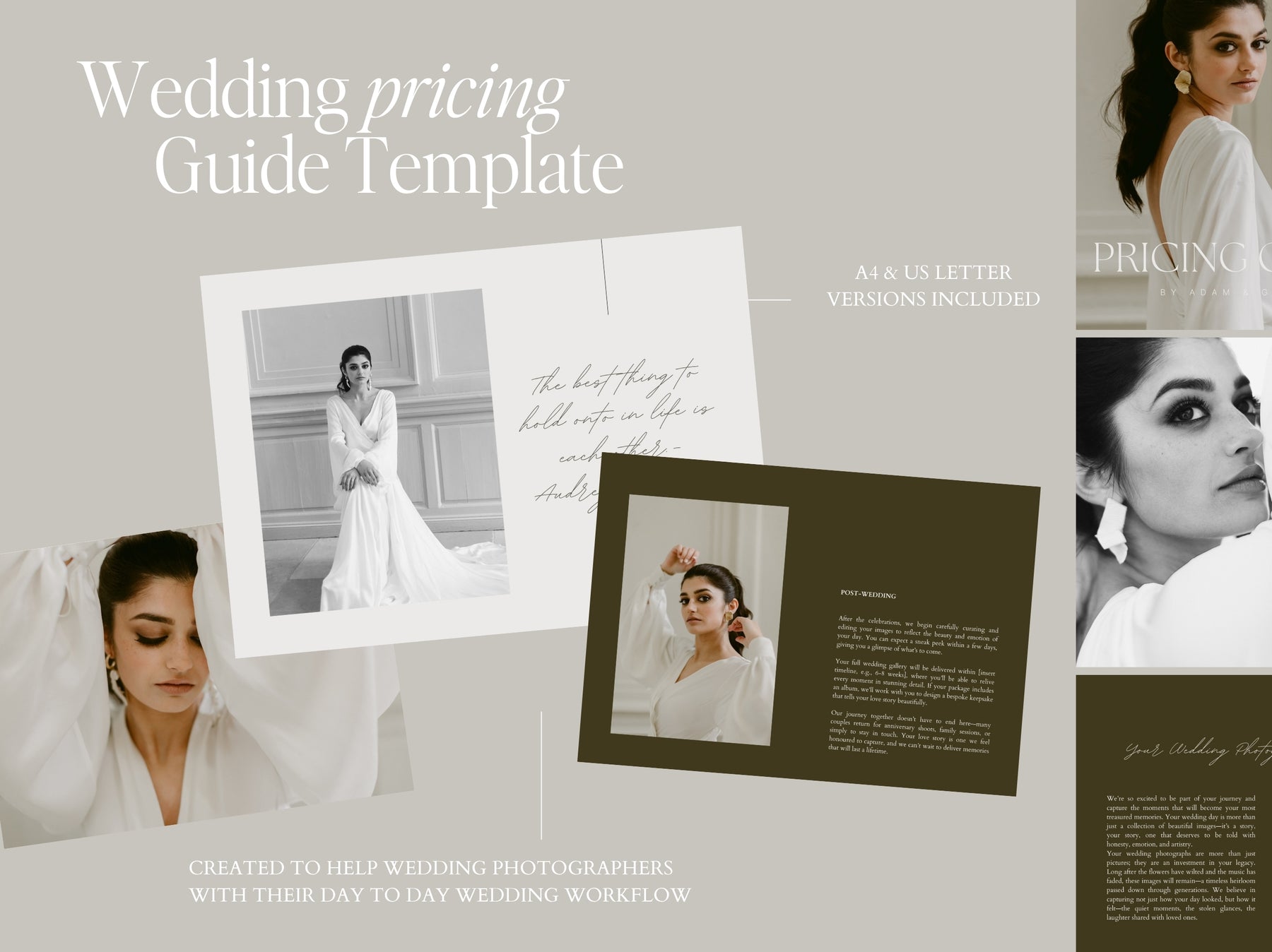 Wedding pricing guide template shown with a bride portrait