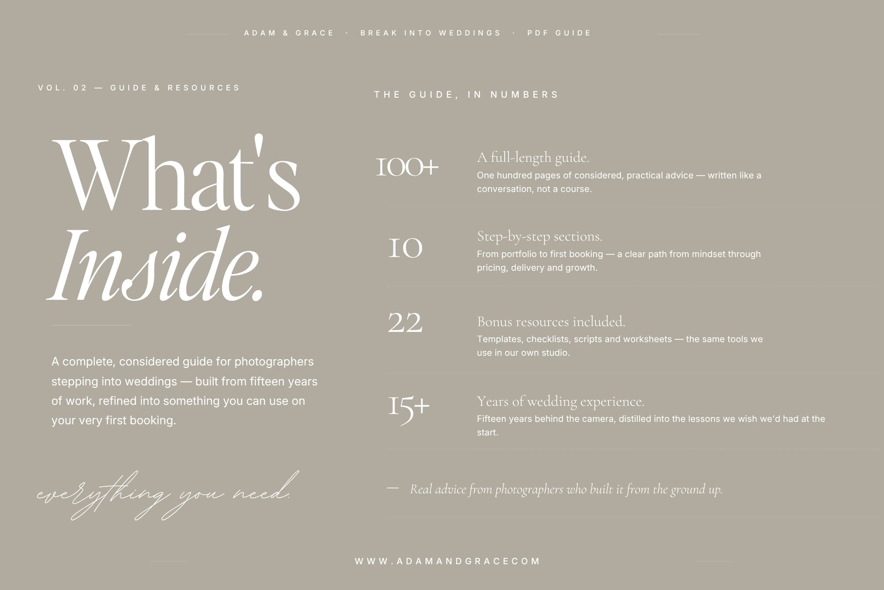 What's inside Break Into Weddings: 100+ pages, 10 sections, 22 bonus resources