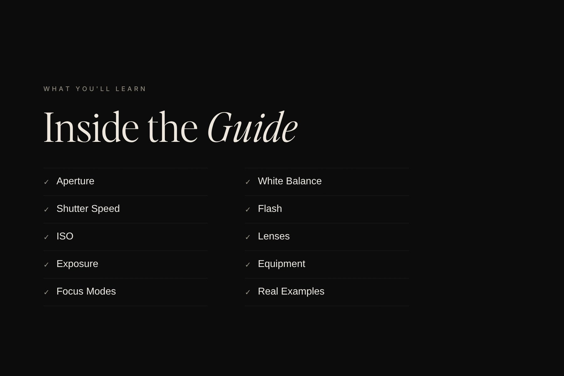 Inside the guide: aperture, shutter speed, ISO, exposure and focus modes