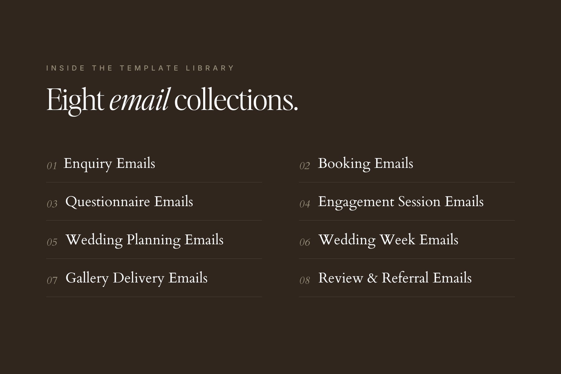 Eight email collections covering enquiry to gallery delivery
