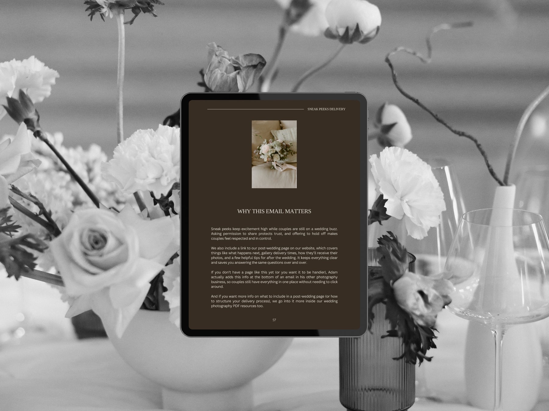 Wedding florals with a tablet showing the email templates