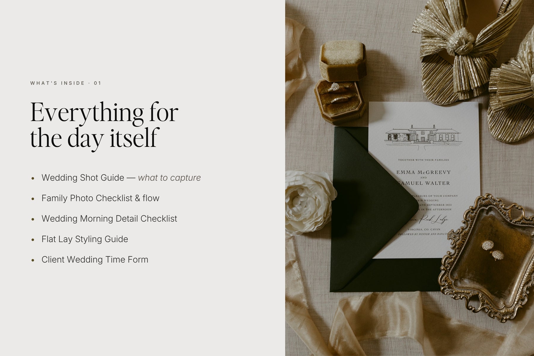 Everything for the day itself — wedding shot guides and checklists