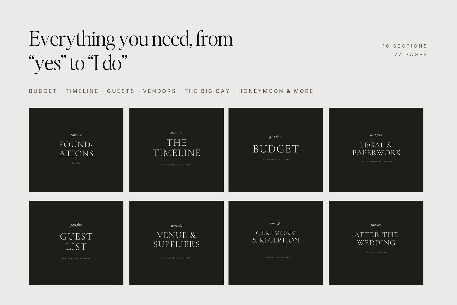 Everything you need to plan a wedding, from yes to I do — 10 sections, 77 pages