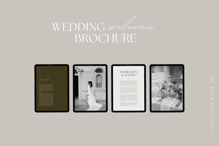 Wedding welcome guide spread with a bride portrait