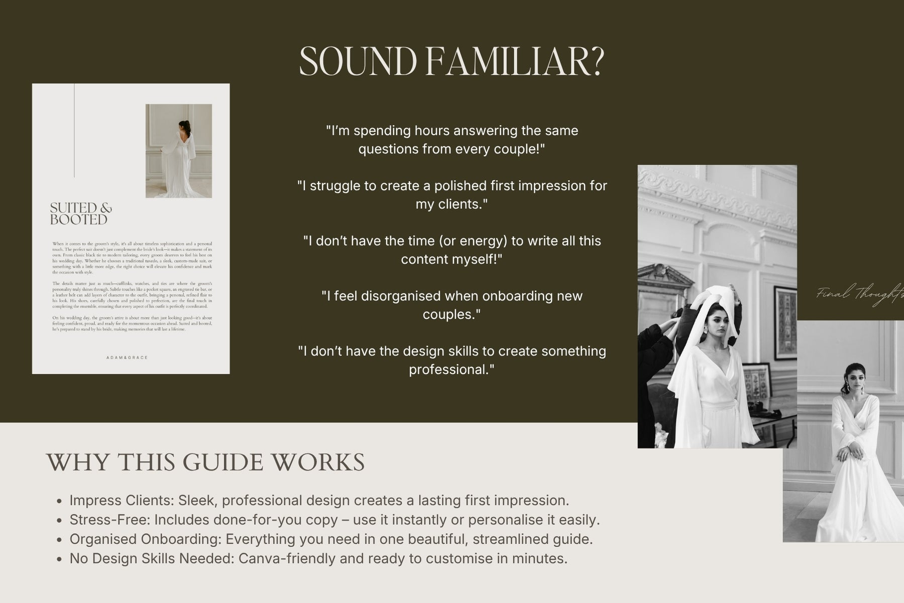Wedding welcome guide page spread with editorial bride photography