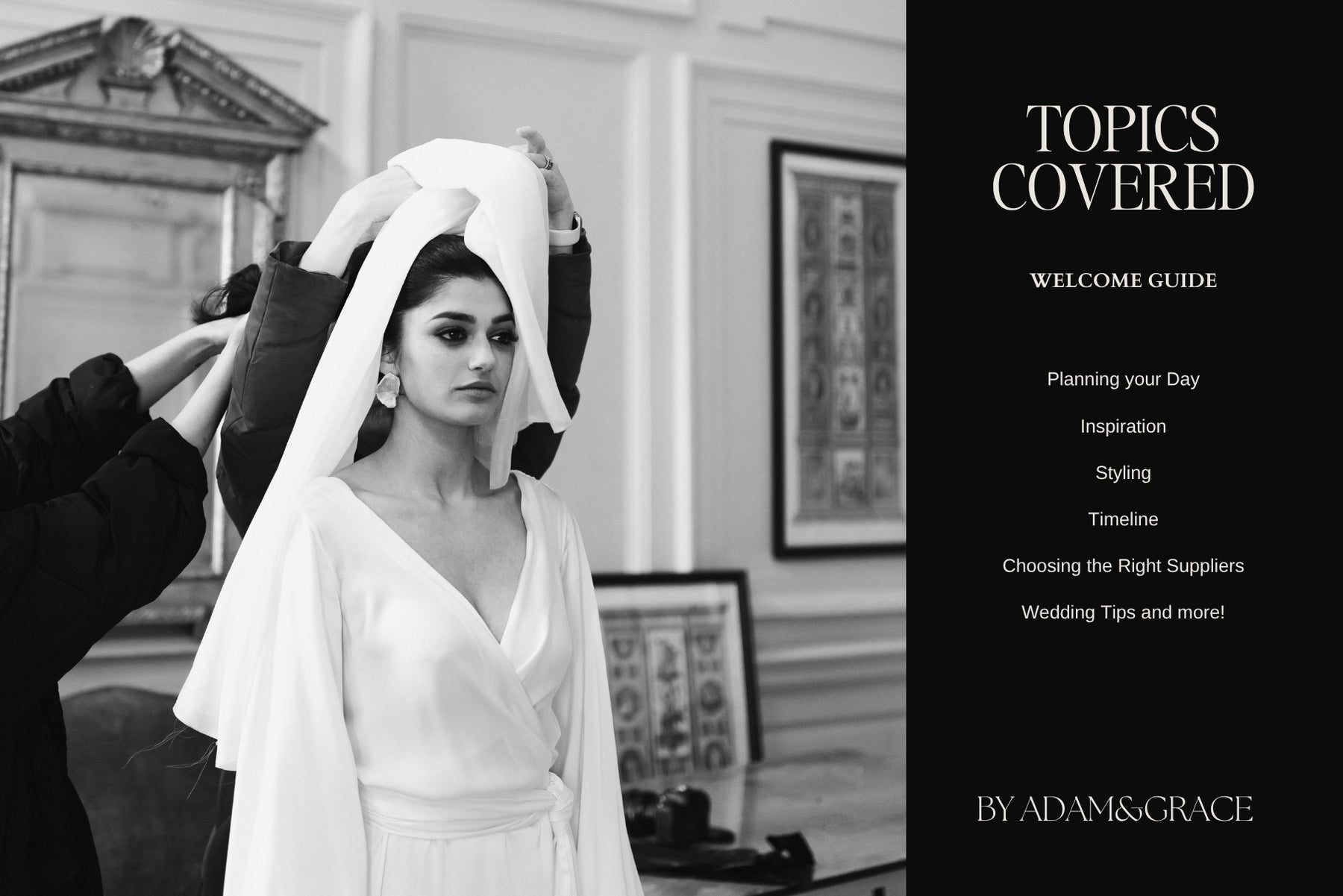 Wedding welcome guide pages with bride portraits