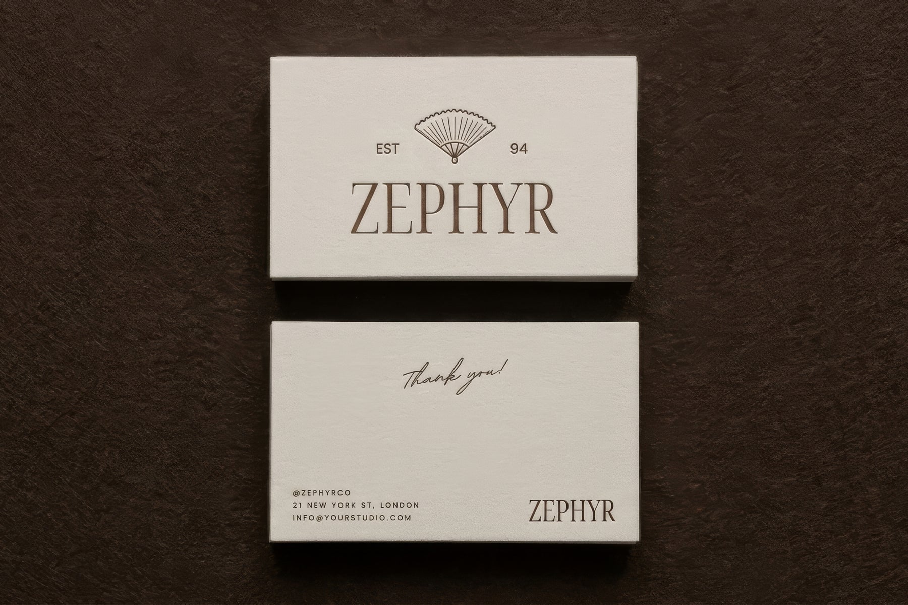 Zephyr business cards and thank-you cards from the branding suite