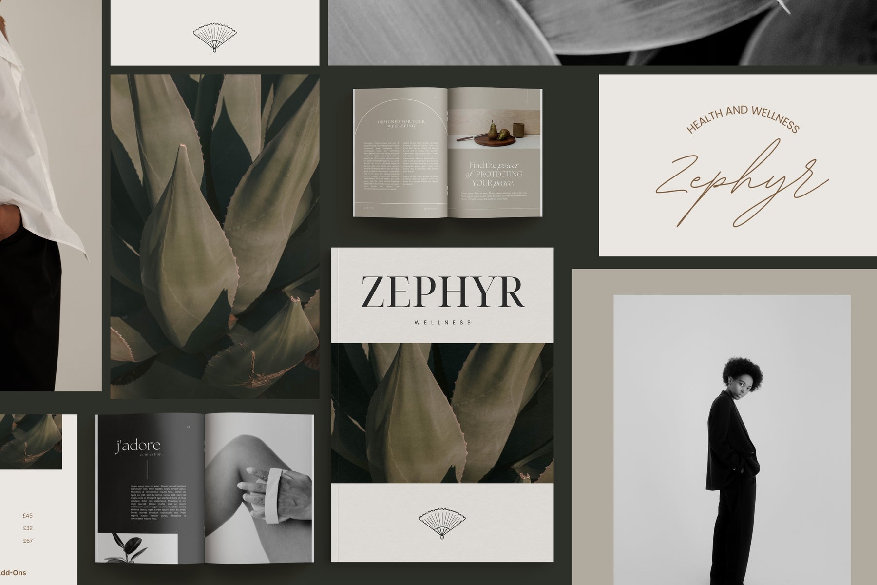 Zephyr Full Branding Suite mood board with branding, stationery and editorial imagery