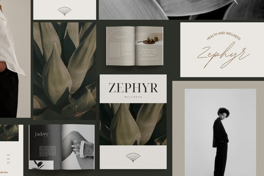 Zephyr Full Branding Suite mood board with branding, stationery and editorial imagery