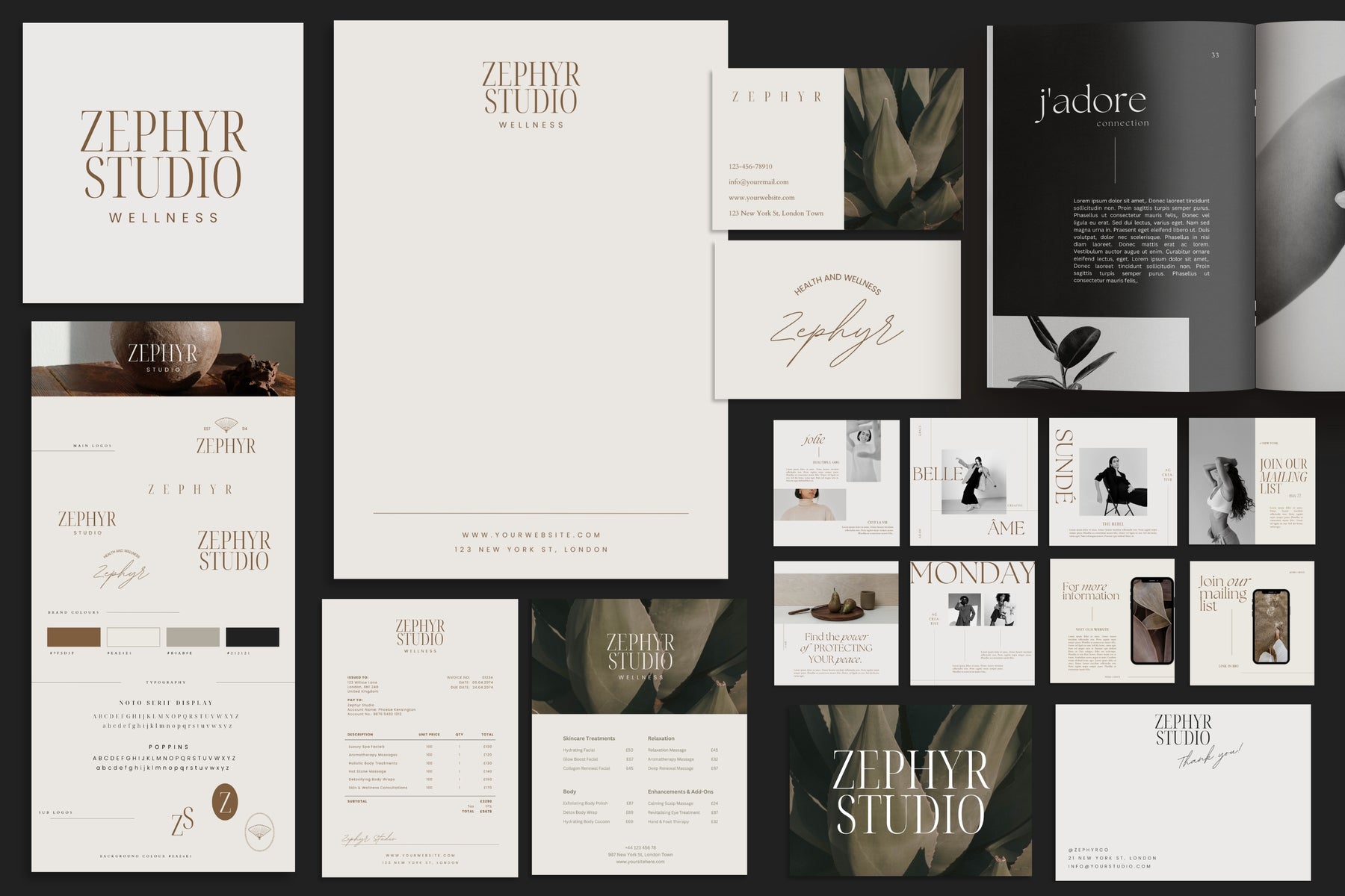 Zephyr Studio full branding suite flatlay of coordinated stationery
