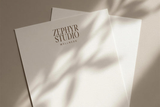 Zephyr letterhead template shown on textured paper with Zephyr Studio branding