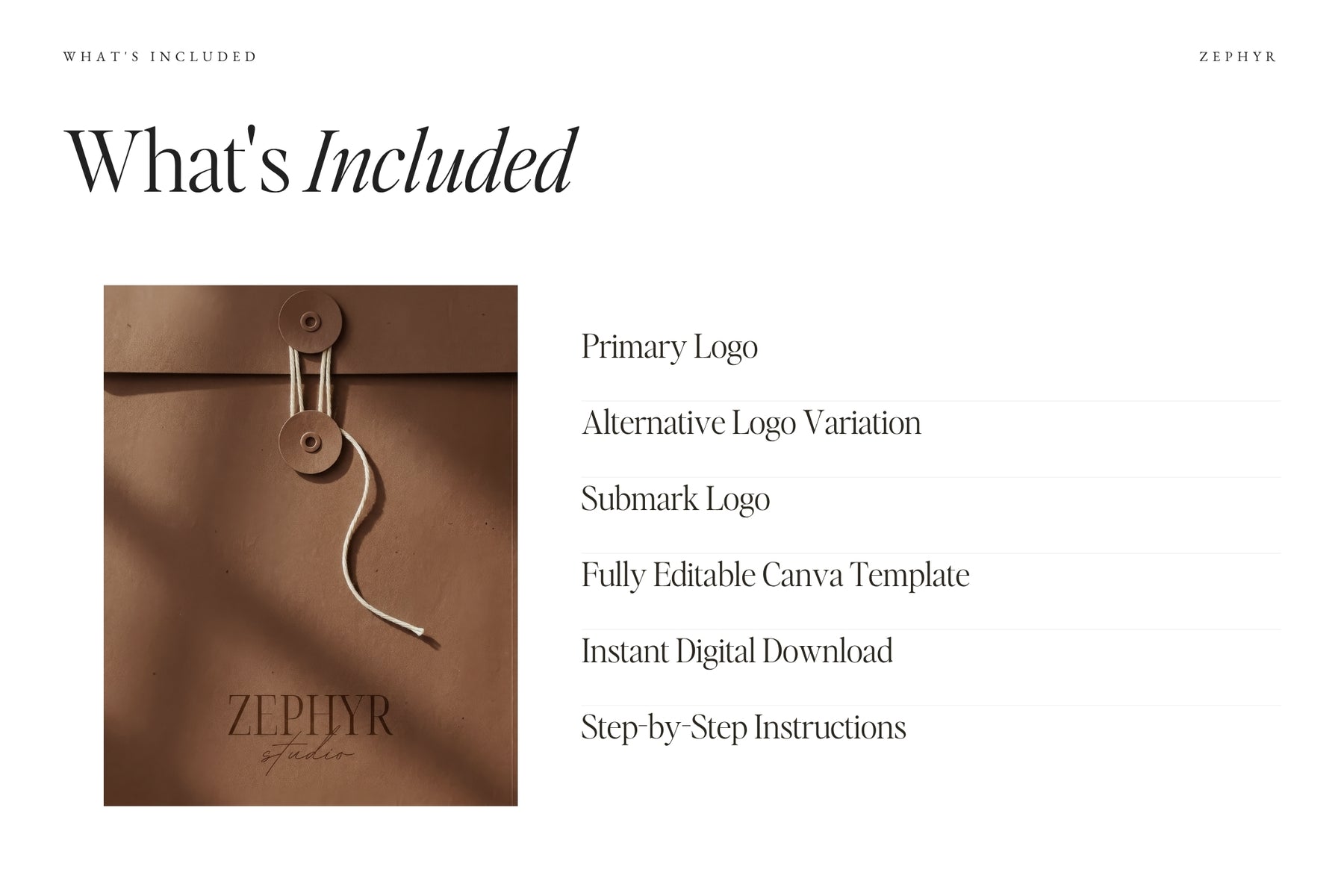 What's included with the Zephyr logo set: 4 logo variations and 3 sub-logos