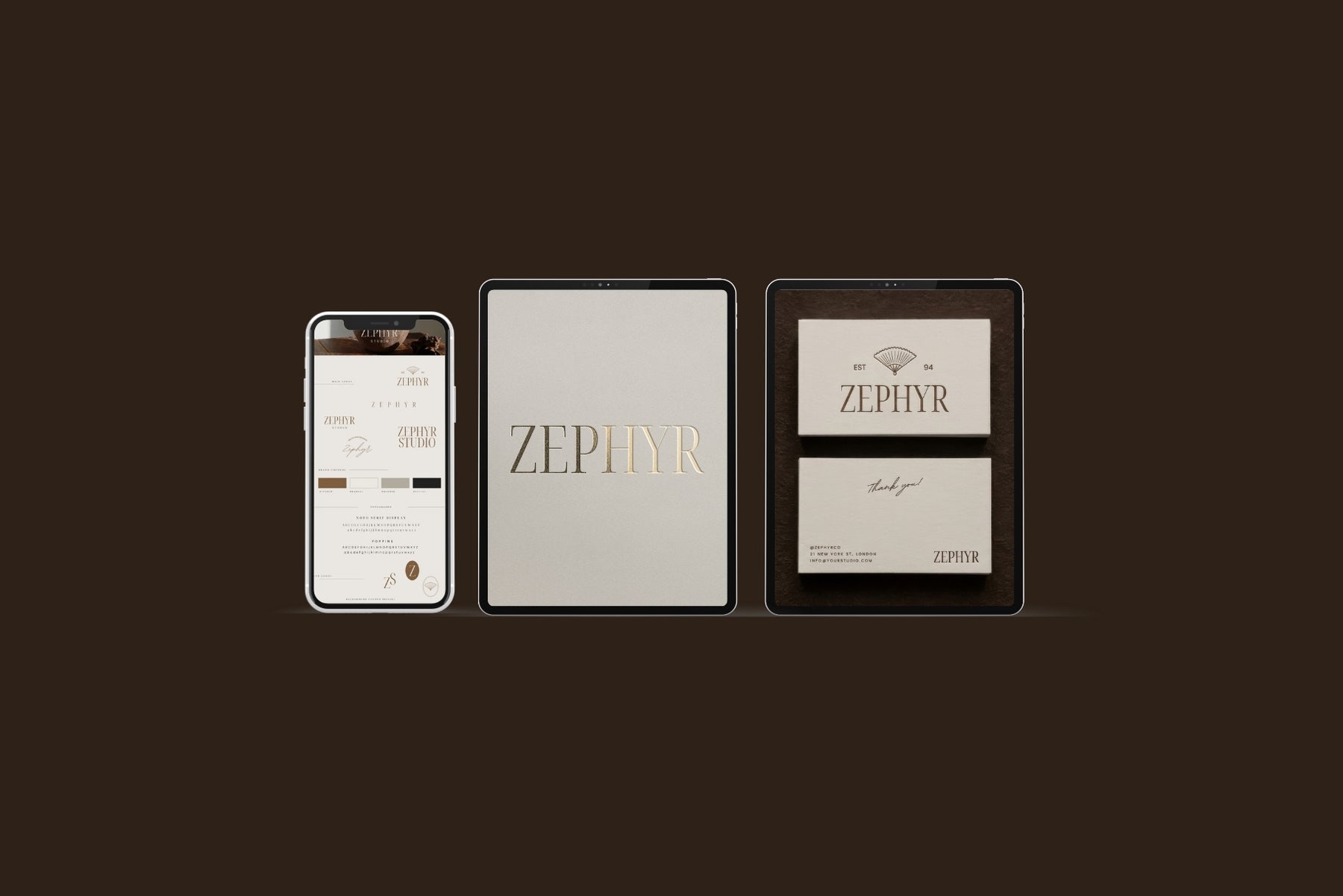 Zephyr Mini Brand Kit shown across a phone, tablet and printed card on a dark backdrop