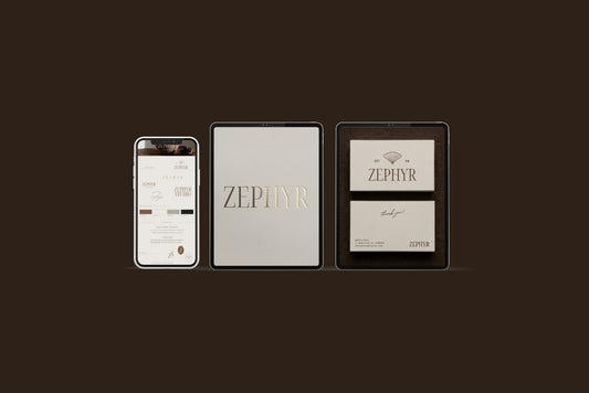 Zephyr Mini Brand Kit shown across a phone, tablet and printed card on a dark backdrop
