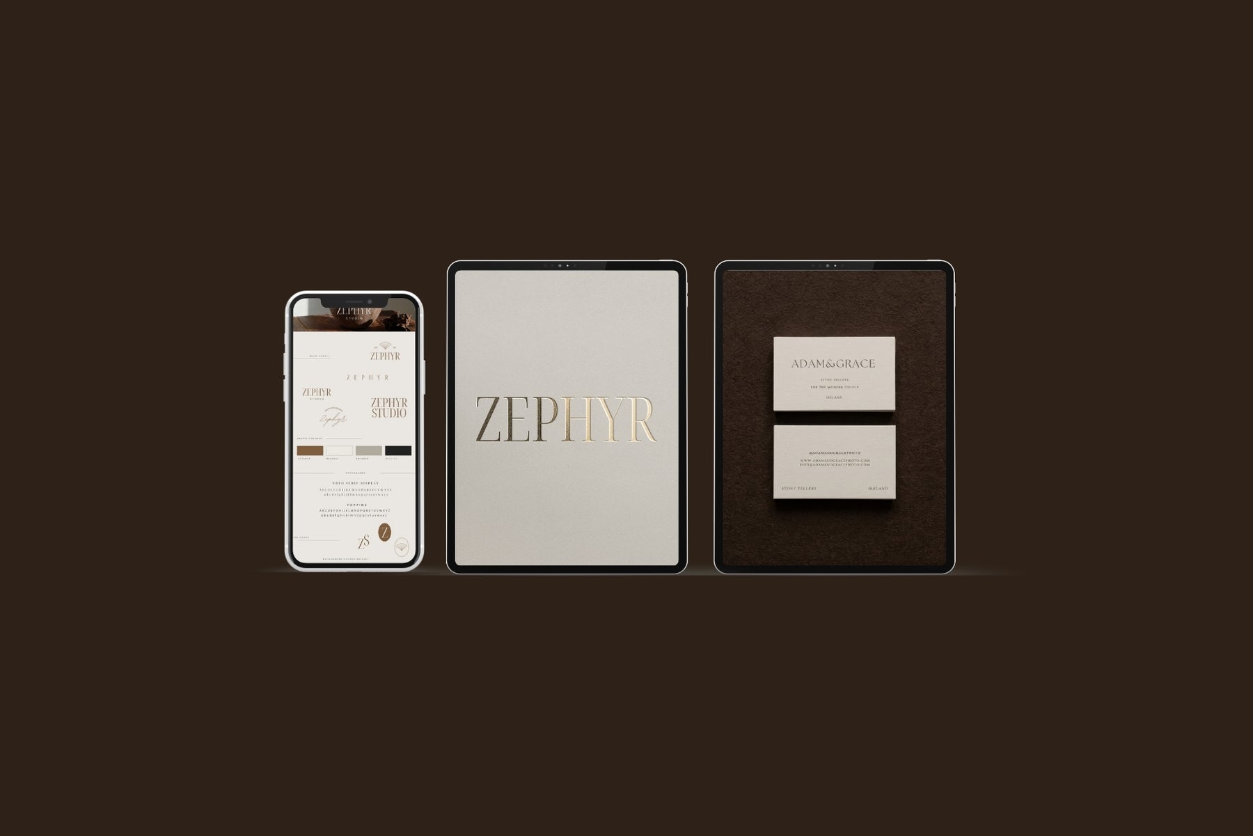 Zephyr Mini Brand Kit shown across a phone, tablet and printed card on a dark backdrop