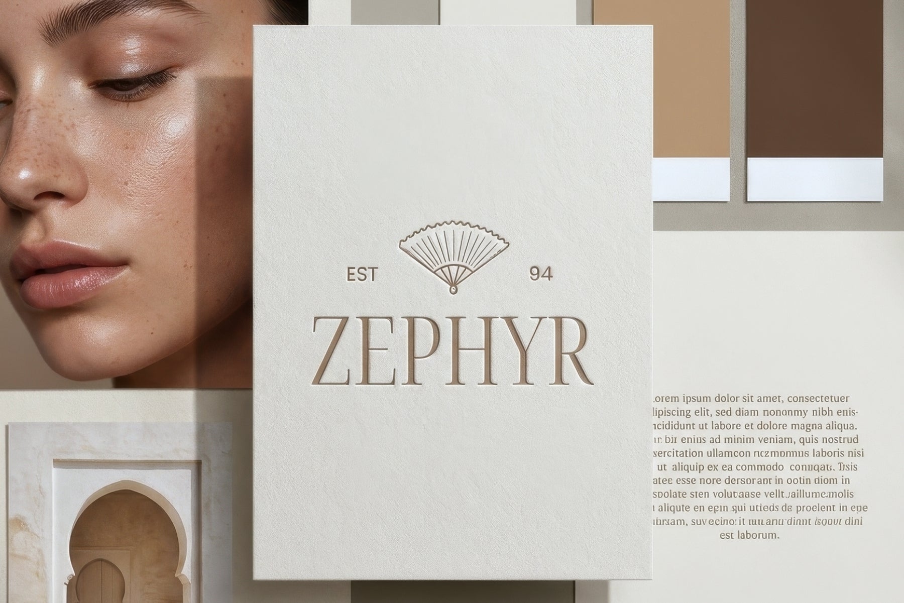 Zephyr logo and colour palette shown beside an editorial portrait