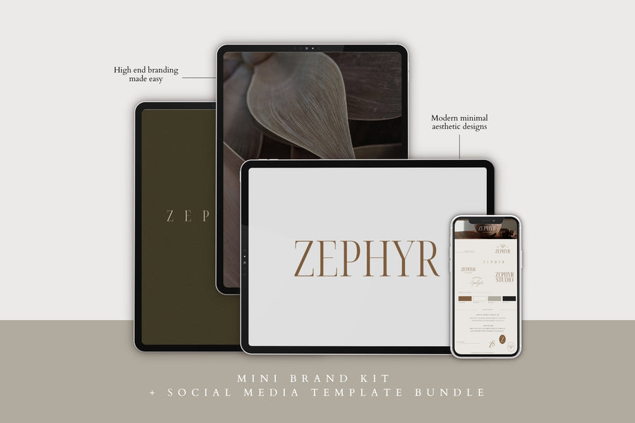 Zephyr Mini Brand Kit branding displayed on a tablet and phone mockup