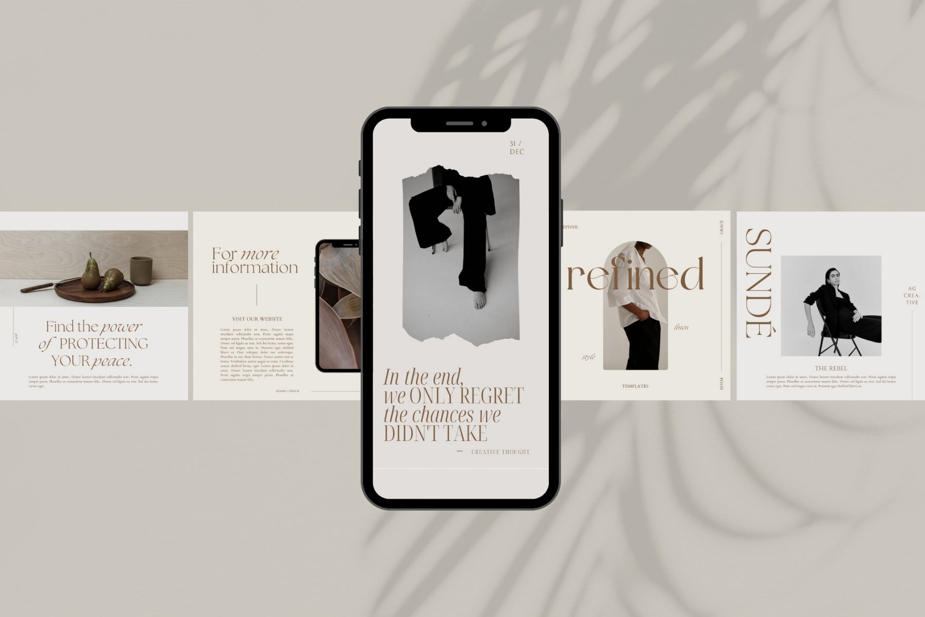 Zephyr social media and stationery templates shown on a phone mockup