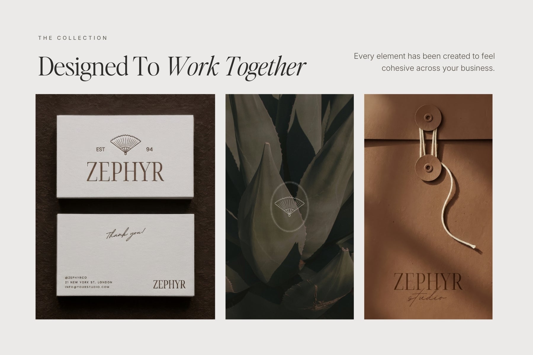 Designed to work together — a flatlay of matching Zephyr stationery templates