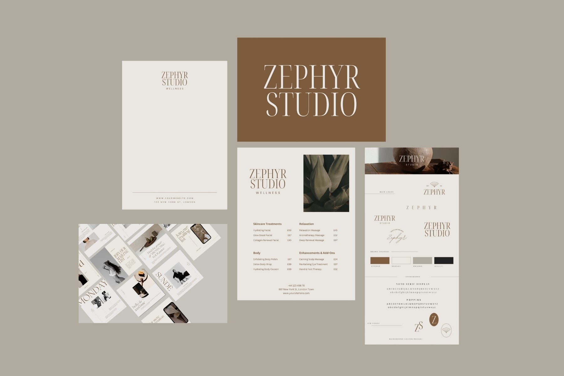 Zephyr Studio full branding suite flatlay of coordinated stationery